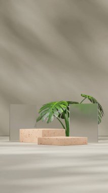 Kahverengi terrazzo desenli podyum sahnesi. Buzlu cam ve canavar işlemeli.