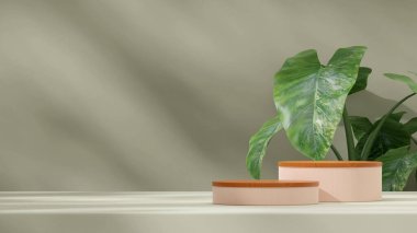 Şeftali ve ahşap desenli podyumun boş bir maketi ve Alocasia bitkisi 3D görüntüsü.