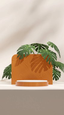 Beyaz duvar ve canavar görüntüsü portresi. Boş model, ahşap desenli podyum.