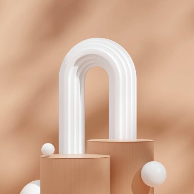 Beyaz kemerli ve küreli kahverengi renkli yuvarlak podyum ve boş alan oluşturur