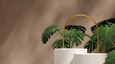 Monstera ve altın kemer 3D görüntü şablon oluşturma yuvarlak silindir podyum manzara