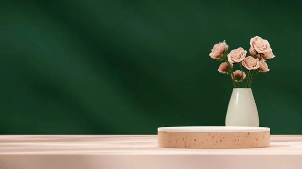 Green Vase Pink Rose Render Mockup Space White Terrazzo Texture — Stock Photo, Image