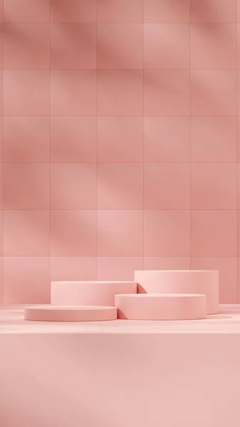 明亮的粉色彩色讲台在肖像正方形纹理墙3D渲染空旷的场景 — 图库照片