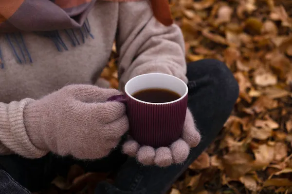Gloved hands hold a mug of tea, against the backdrop of autumn foliage. Late autumn. — Stock Photo, Image
