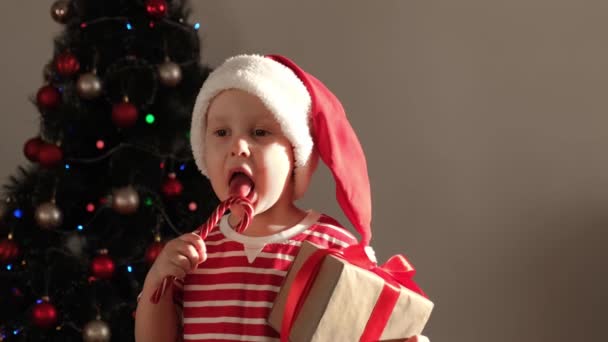 Un niño con un sombrero de Navidad, con un regalo en la mano, se come una gran caña de caramelo — Vídeo de stock