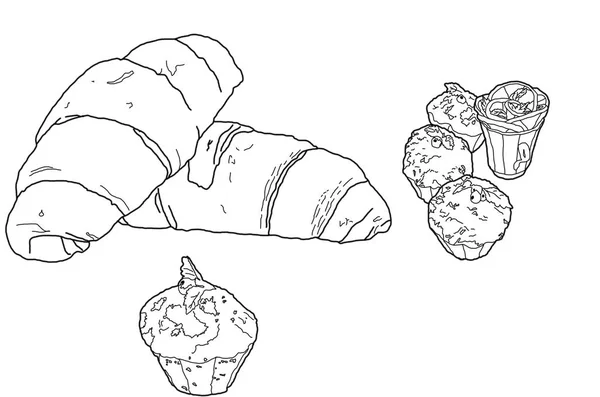 Szkic Muffinek Rogalików Białym Tle — Zdjęcie stockowe