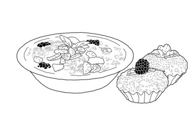 Beyaz arka planda gösterilmiş süt, böğürtlen ve çörekli yulaf ezmesi