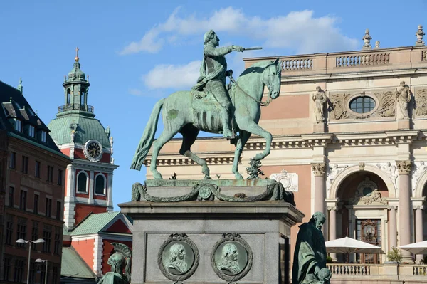 Sumptuous Palace Swedish Royal Opera Gustaf Adolfs Square Equestrian Monument — Foto de Stock