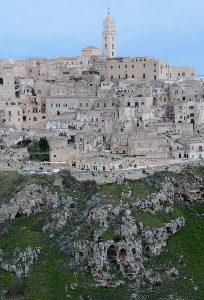 Sassi Matera Seen Murgia Timone Viewpoint Front Sasso Caveoso Duomo — Stock Photo, Image