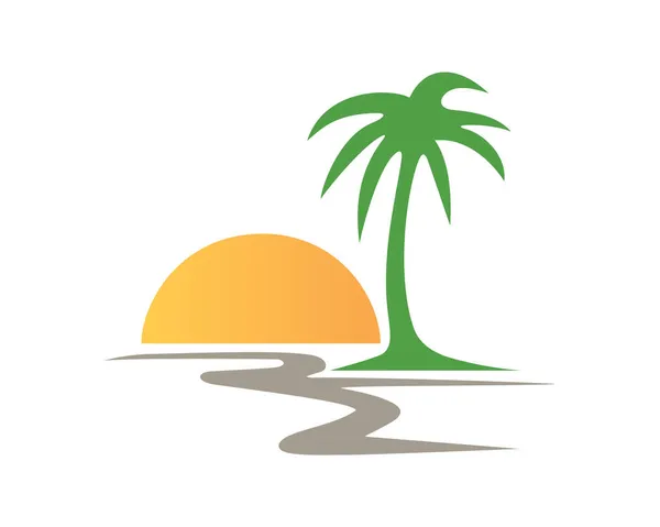 Playa Combinada Con Puesta Sol Palmera Ilustración Simple — Vector de stock