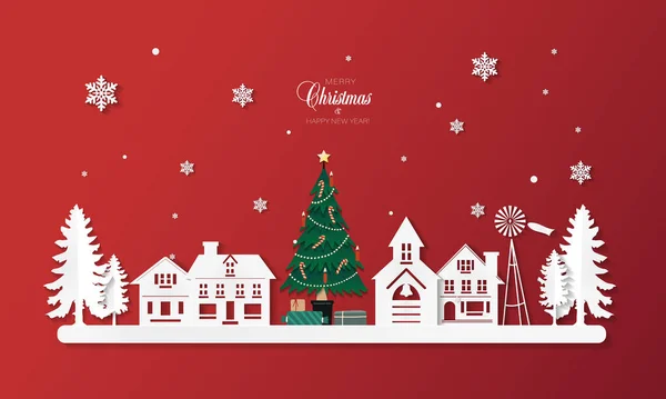 Árbol de Navidad con regalos en una ciudad de invierno en estilo de corte de papel — Archivo Imágenes Vectoriales