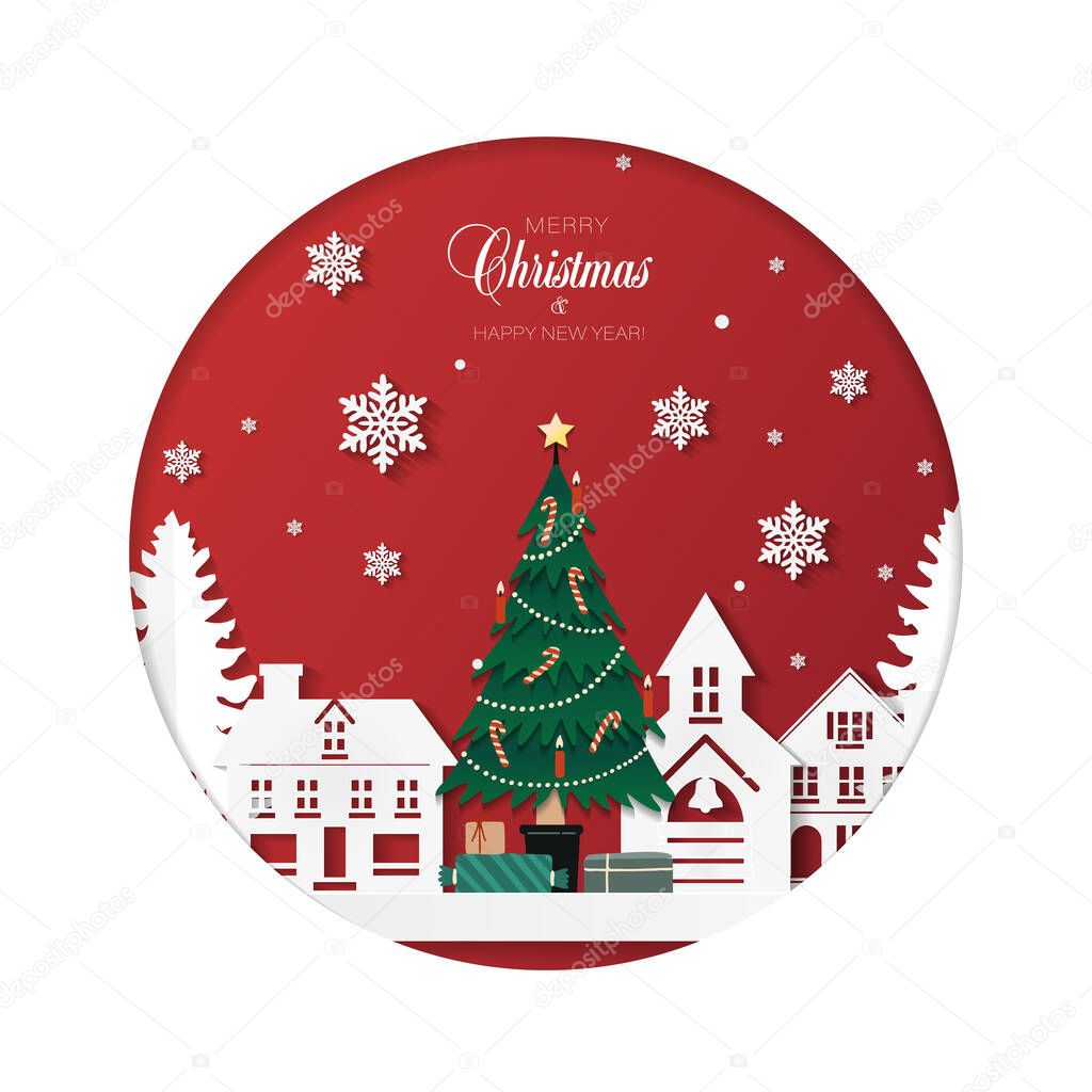 Christmas tree with gifts in a winter town in paper cut style