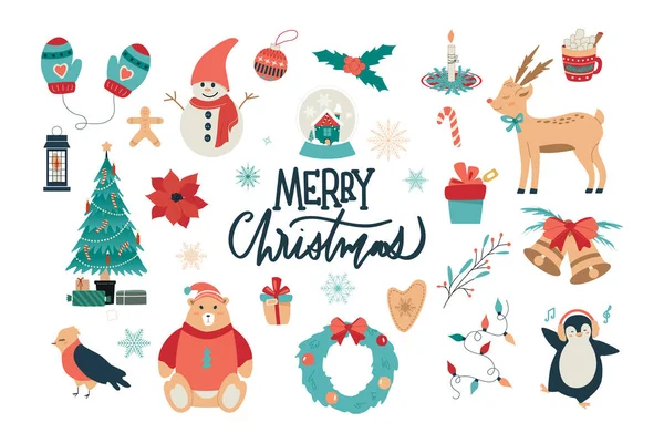 Karácsonyi és újévi gyűjtemény aranyos állatok és szezonális elemek — Stock Vector