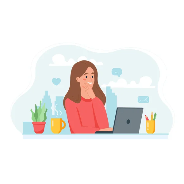 Home-Office-Konzept, Frau mit Laptop, Studentin oder Freiberuflerin — Stockvektor