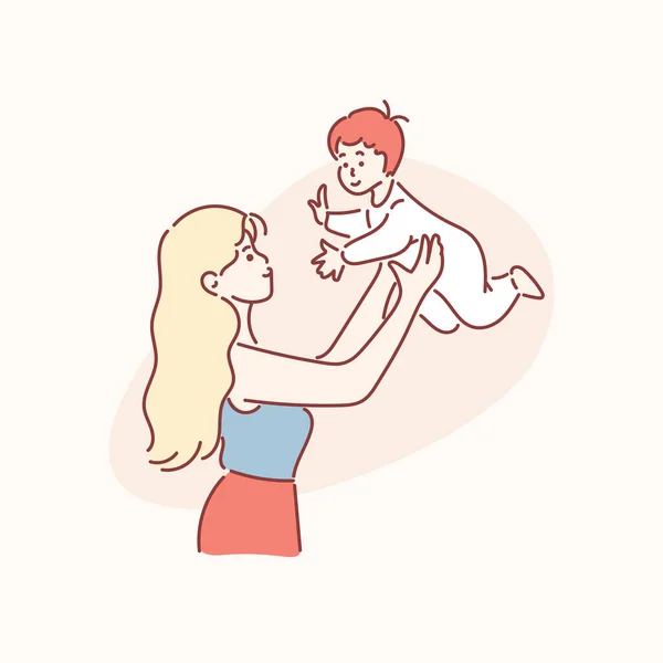 Mamma plockar upp en liten pojke på armarna och skrattar. Begreppet moderskap — Stock vektor