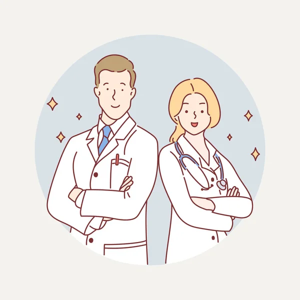 Vriendelijke mannelijke en vrouwelijke artsen. Handgetekende stijl vector illustratie — Stockvector