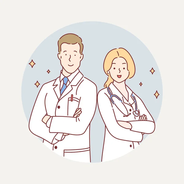 Amistosos médicos masculinos y femeninos. Ilustración vectorial de estilo dibujado a mano — Vector de stock