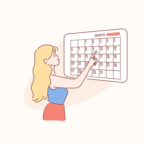 Vista laterale della ragazza donna guardando il calendario — Vettoriale Stock