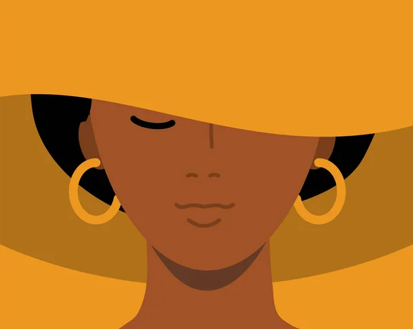 Κομψό πορτρέτο της αφρικανικής αμερικανικής γυναίκας σε ένα σικ καπέλο με φαρδιές τιράντες — Διανυσματικό Αρχείο