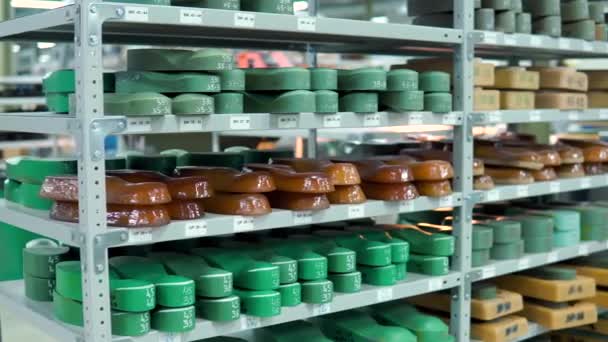 Ständer mit grünen und braunen Plastikschuhen mit rauer Oberfläche stehen auf einem Regal in einer Schuhfabrik — Stockvideo