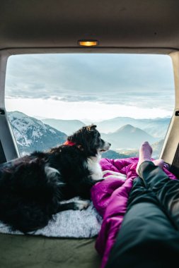 View from the trunk of a car to beautiful austrian landscape with the black and white Border collie and girls legs