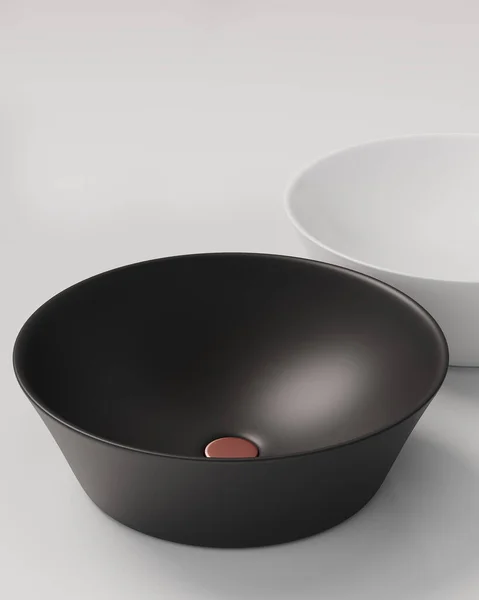 Yuvarlak beyaz lavaboların 3 boyutlu görüntüsü. Düz yatıyordu.