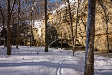 Illinois Kanyonu bölgesinde güneşli güzel bir sabahta taze kar. Aç Rock Eyalet Parkı, Illinois, ABD.