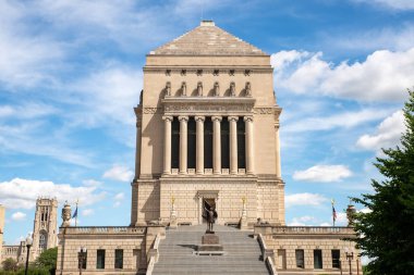The Indiana World War Monument in the sunlight on a hot summer day.  Indianapolis, Indiana.