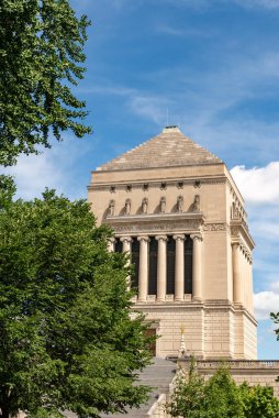 The Indiana World War Monument in the sunlight on a hot summer day.  Indianapolis, Indiana.