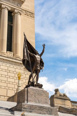 The Indiana World War Monument in the sunlight on a hot summer day.  Indianapolis, Indiana.