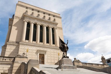 The Indiana World War Monument in the sunlight on a hot summer day.  Indianapolis, Indiana.