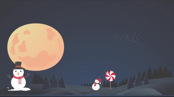 Grande Pequeno Boneco Neve Noite Lua Durante Natal — Vídeo de Stock