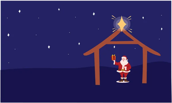 Santa Claus Standing Gift Moon Night — Stockvektor
