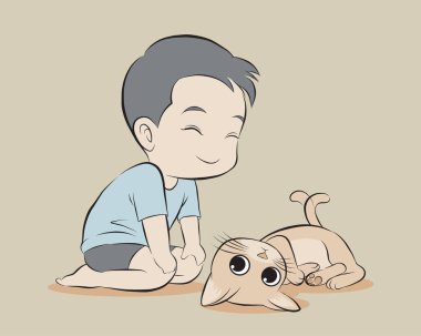 Çocuk bir kediyle oynuyor. Çocuk evcil hayvanla oynuyor. Vektör illüstrasyonu karikatür el çizimi