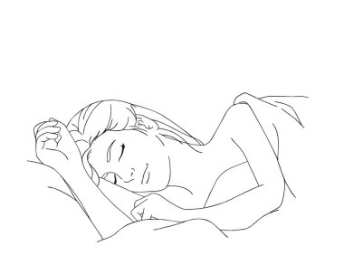 Vektör eliyle çizilmiş grafik çizimi. Seksi, güzel poz veren kişi, çizgi film, yan yatıp rüya çizen sanat eseri.