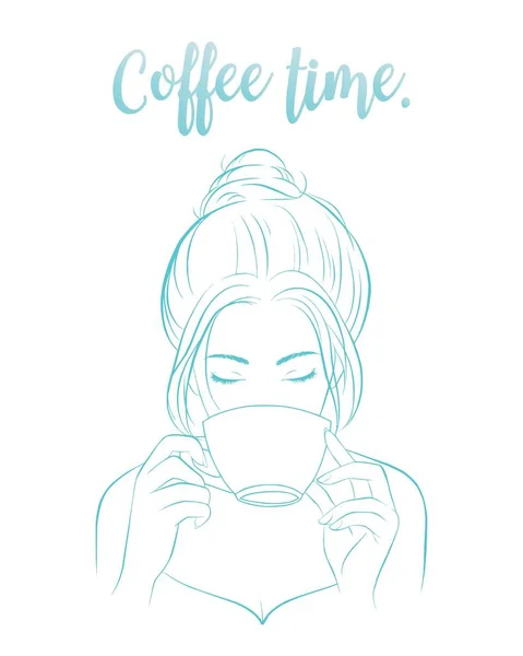 Beauty Girl Drinking Coffee Vector Illustration Isolated Cartoon Hand Drawn — Stock Vector