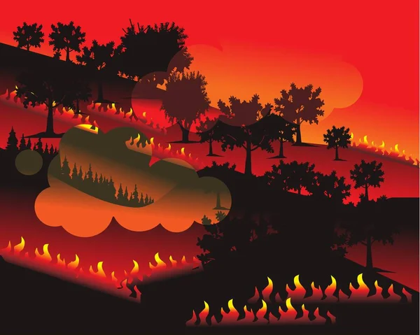 Poluição Por Incêndios Florestais Vetor Ilustração Fundo Paisagem Silhueta Vetor De Stock