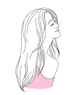 Kız, beyaz arka planda izole edilmiş uzun saçlı bir portreye bakıyor. El çizimi vektör illüstrasyonu