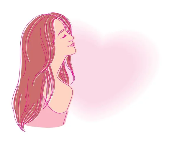 Девушка Лицо Длинные Волосы Портрет Изолирован Розовом Фоне Сердца Ручной — стоковый вектор