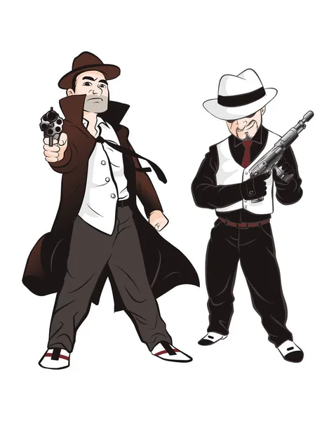Zwei Mafiosi Stehen Auf Weißem Hintergrund Hut Auf Und Pistole — Stockvektor