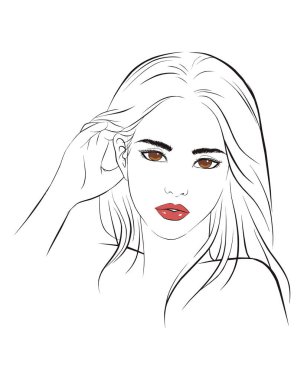 Kız, beyaz arka planda izole edilmiş uzun saçlı bir portreye bakıyor. El çizimi vektör illüstrasyonu