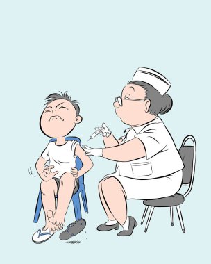 Doktor elinde şırıngayla hastanedeki çocuk hastasının omzuna aşı yapıyor. Vektör illüstrasyonu karikatür el çizimi