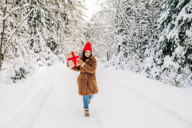 Kış Noel alışverişi. Kadının elinde kırmızı kurdeleli büyük bir hediye kutusu var ve kar ormanlarında yürüyor.. 