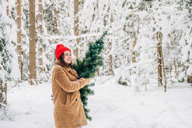 Noel kış yaşam tarzı konsepti. Kış ormanında Noel ağacı koparan kırmızı şapkalı genç bir kadın..