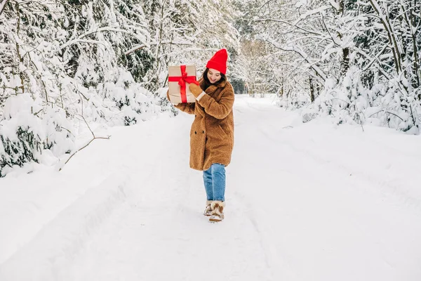 Kış Noel alışverişi. Kadının elinde kırmızı kurdeleli büyük bir hediye kutusu var ve kar ormanlarında yürüyor.. 