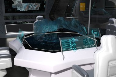 Uzay gemisi kontrol laboratuvarı. 3 Boyutlu Çizim.