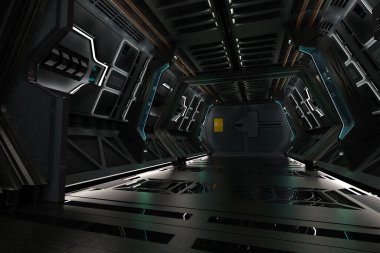 Geleceğin uzay koridoru. 3B resimleme.