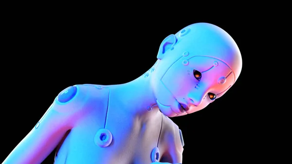 一个身披黑色背景的机器人女人的人工智能画像 3D渲染说明 — 图库照片