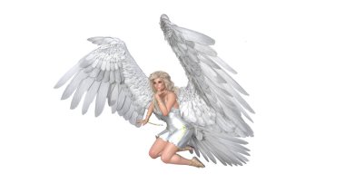 Angel poses for your pictures. Angel figurine with wings in flying poses isolated on white background. 3d rendering - illustration.