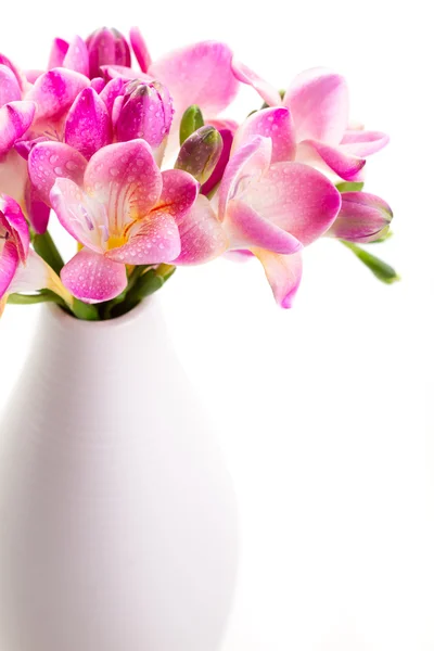 Bukett med rosa blomma med droppar i en vas — Stockfoto